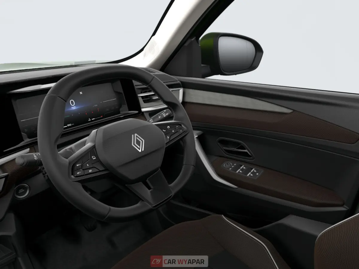 Close-up of the multi-function steering wheel and driver-centric console in the Renault Duster Techno trim.